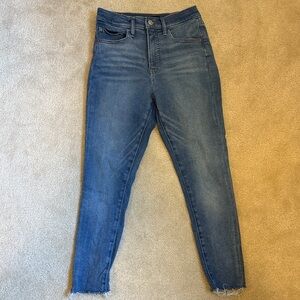 Express Blue Ankle Cropped Jeans with Distressed Hem